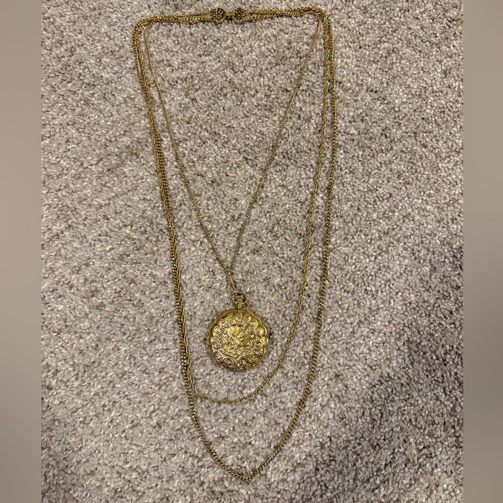 VTG 70s Goldette Statement Pendant Layered Necklace Pocket Watch Style Locket - Picture 8 of 9
